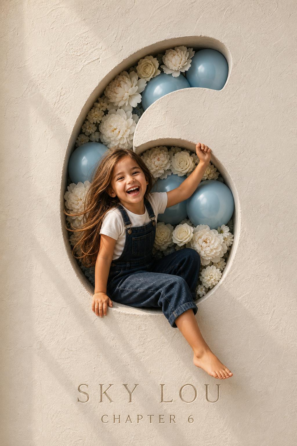Example birthday poster: a six-year-old laughing inside a carved number six filled with balloons and white flowers